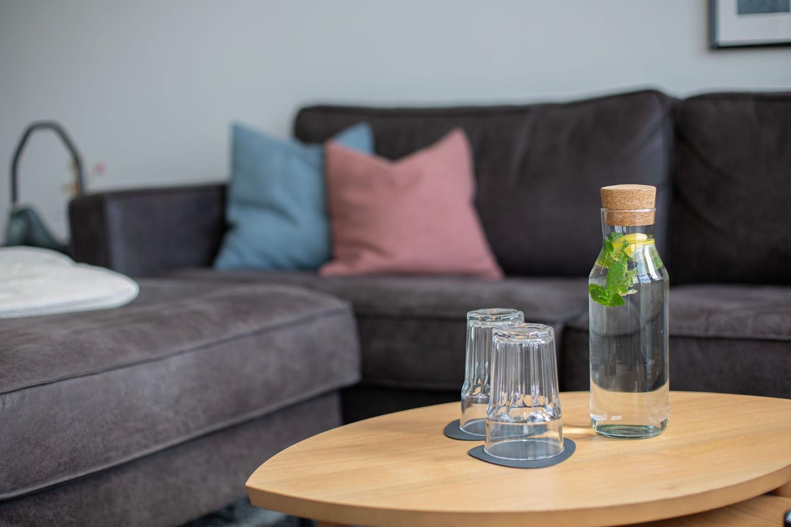 Auf dem Tisch steht eine Flasche mit Wasser und Zitronen. Im Hintergrund ist ein Sofa mit Kissen.