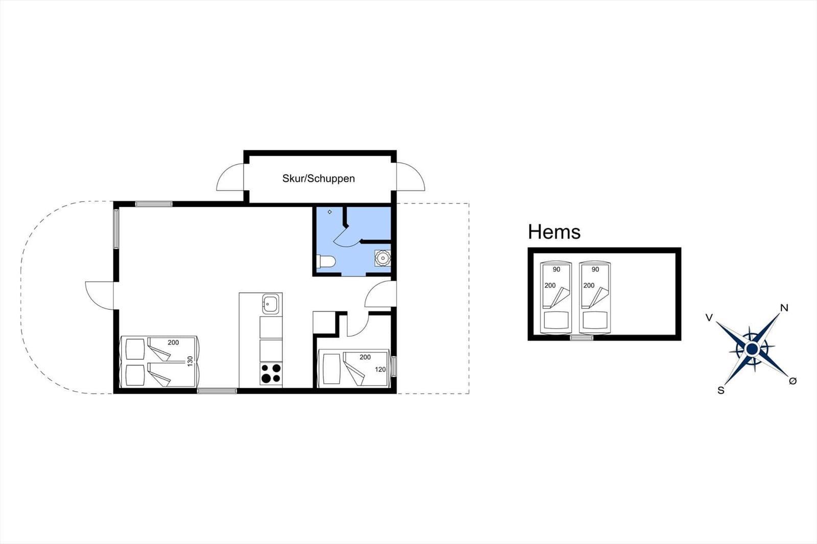 Die Wohnung hat zwei Schlafzimmer, eine Küche und ein Badezimmer mit Toilette.