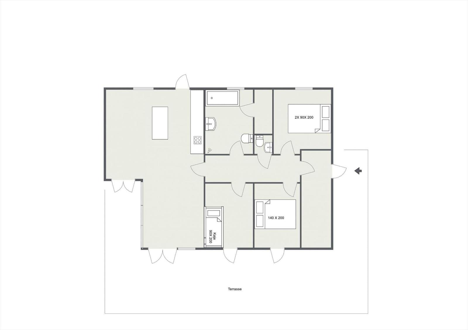 Dieses Apartment hat zwei Schlafzimmer, eine Küche, ein Bad und eine Terrasse.