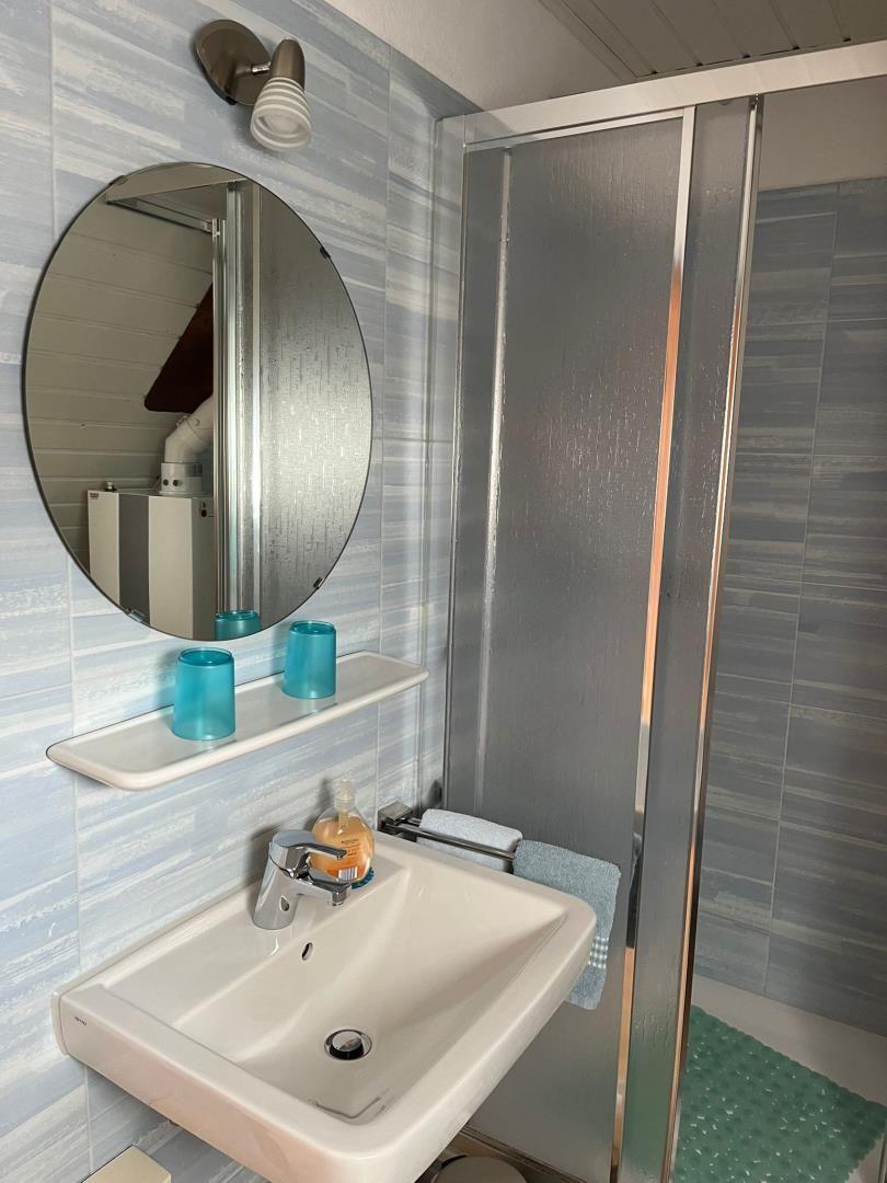 Badezimmer mit Waschbecken, Spiegel und Dusche mit Glaswand.