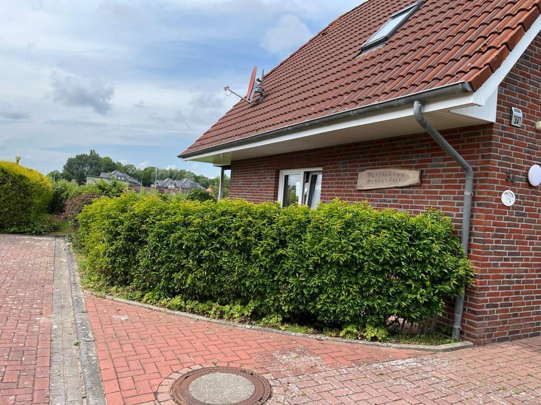 Rotes Ziegeldach, Backsteinhaus mit Hecke und Pflasterweg.