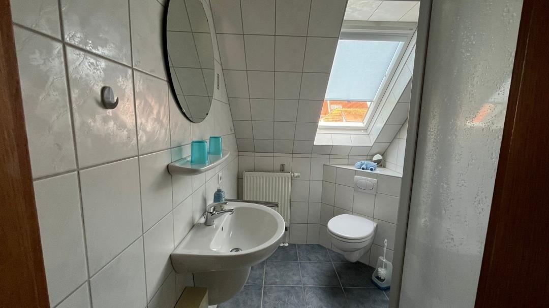 Badezimmer mit Waschbecken, Toilette und Dachfenster.