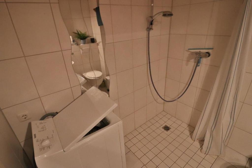 Badezimmer mit Dusche, Toilette und Waschmaschine.