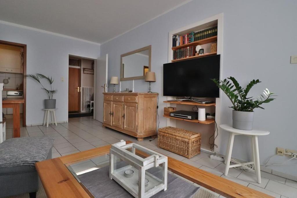 Wohnzimmer mit TV, Holzsideboard und Pflanzen. Küche und Bad sind angebaut.