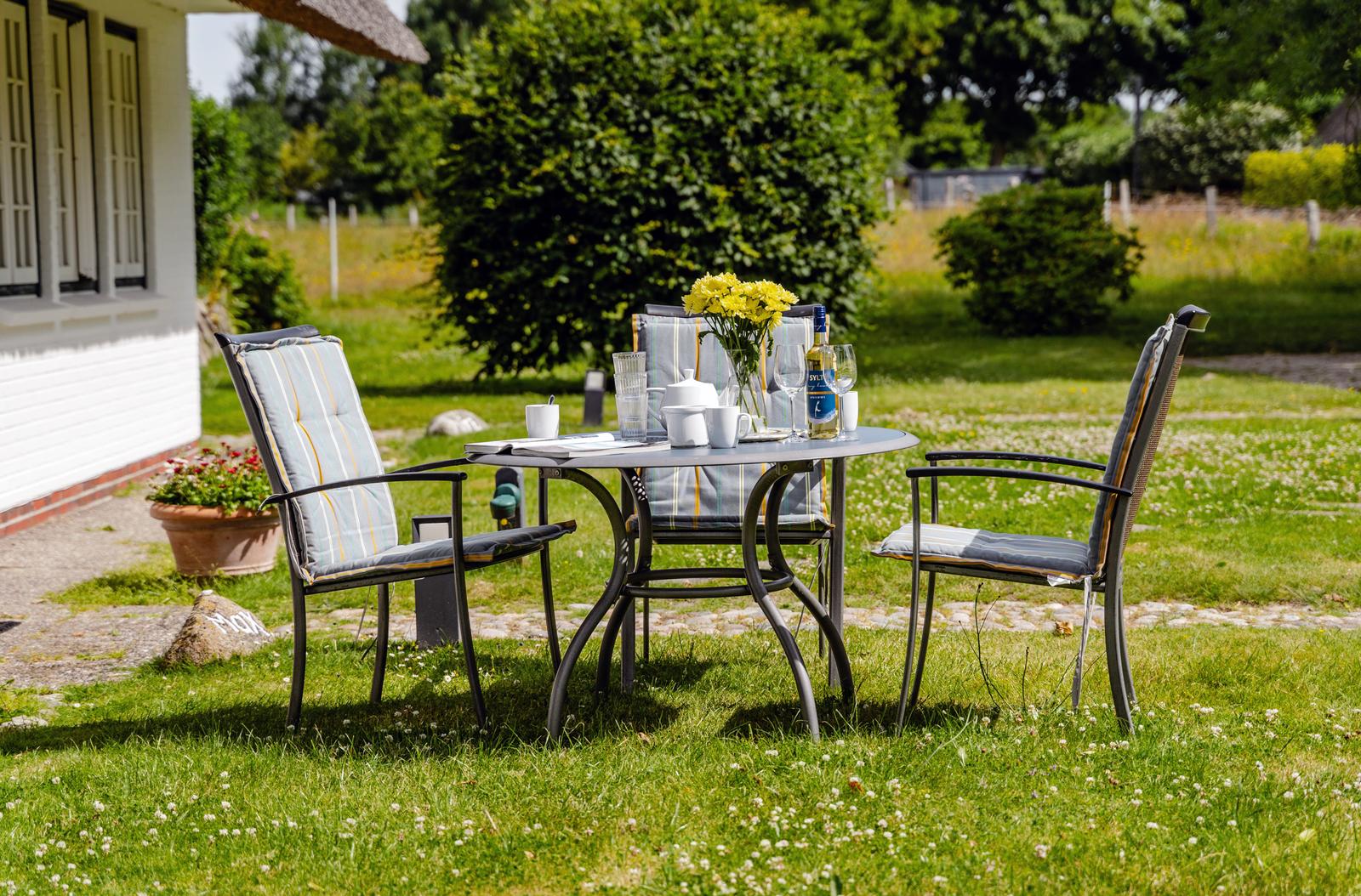 Gartenbereich mit Tisch und Stühlen, Blumen und Getränken auf dem Rasen.