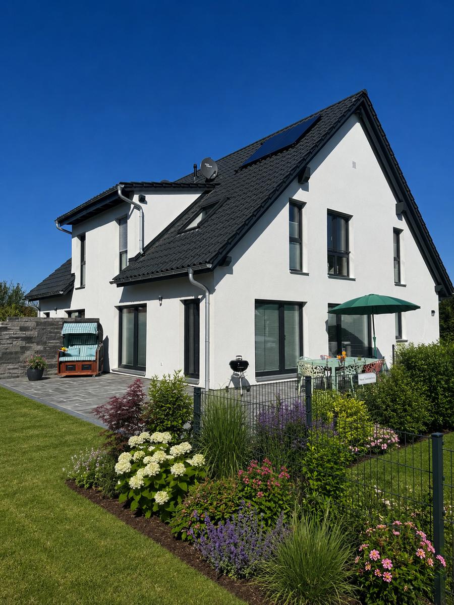 Modernes Haus mit Garten, Grill und Terrasse unter grünem Sonnenschirm.