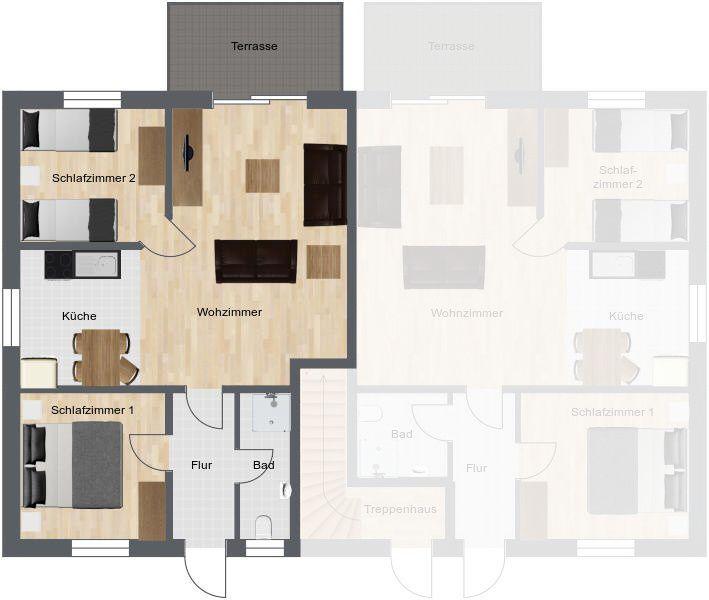 Das Haus hat zwei Schlafzimmer, eine Küche, ein Wohnzimmer und eine Terrasse.
