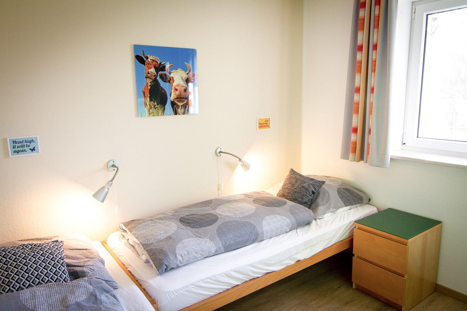 Zimmer mit Doppelbett, Wandbild von Kühen und Fenster mit Vorhängen.
