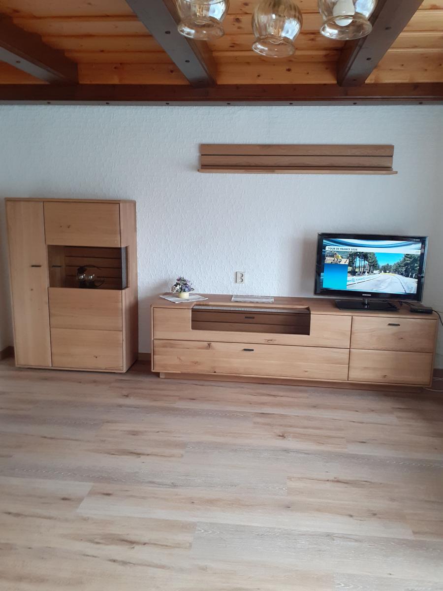 Wohnzimmer mit Holzmöbeln, Fernseher und Holzdecke.