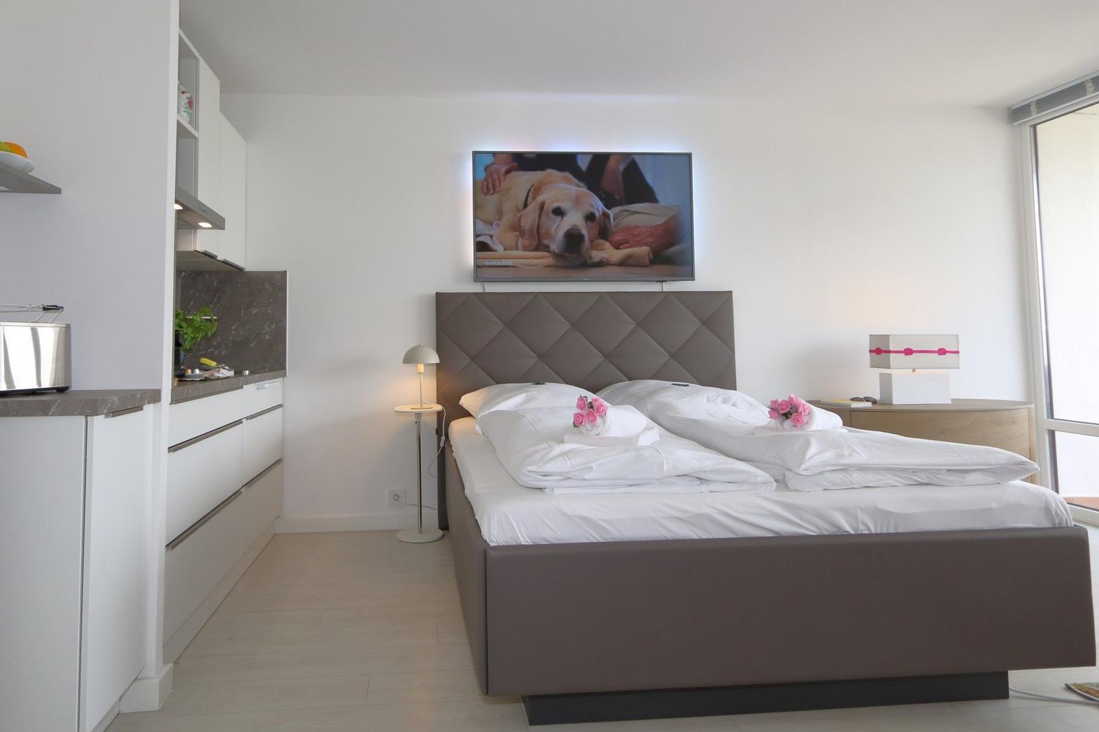 Schlafzimmer mit Bett, TV und Küchenbereich. Fenster mit Blick.