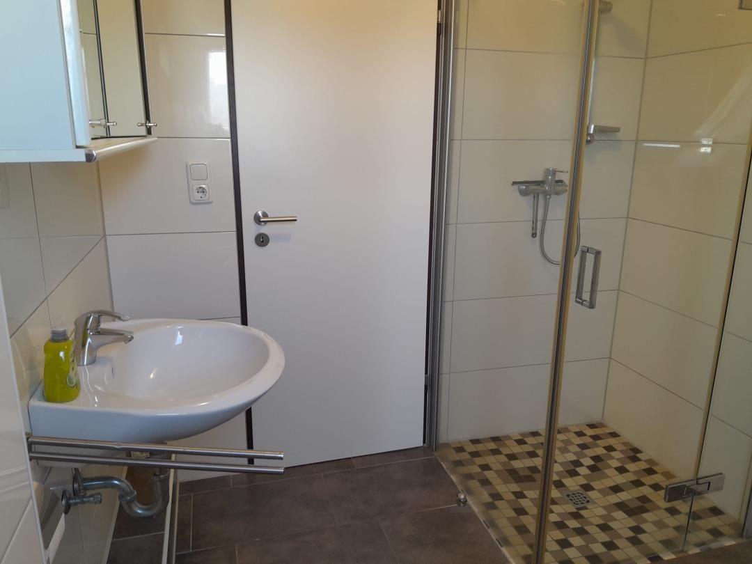Badezimmer mit Dusche, Waschbecken und Spiegelschrank