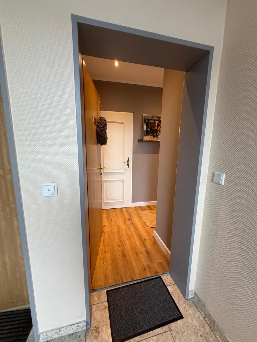 Eingangsbereich mit Holzboden und Tür im Hintergrund
