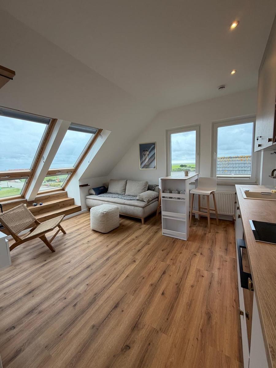 Wohnung mit Dachfenstern, Sofa, Stuhl und Küchenzeile. Holzboden und große Fenster.
