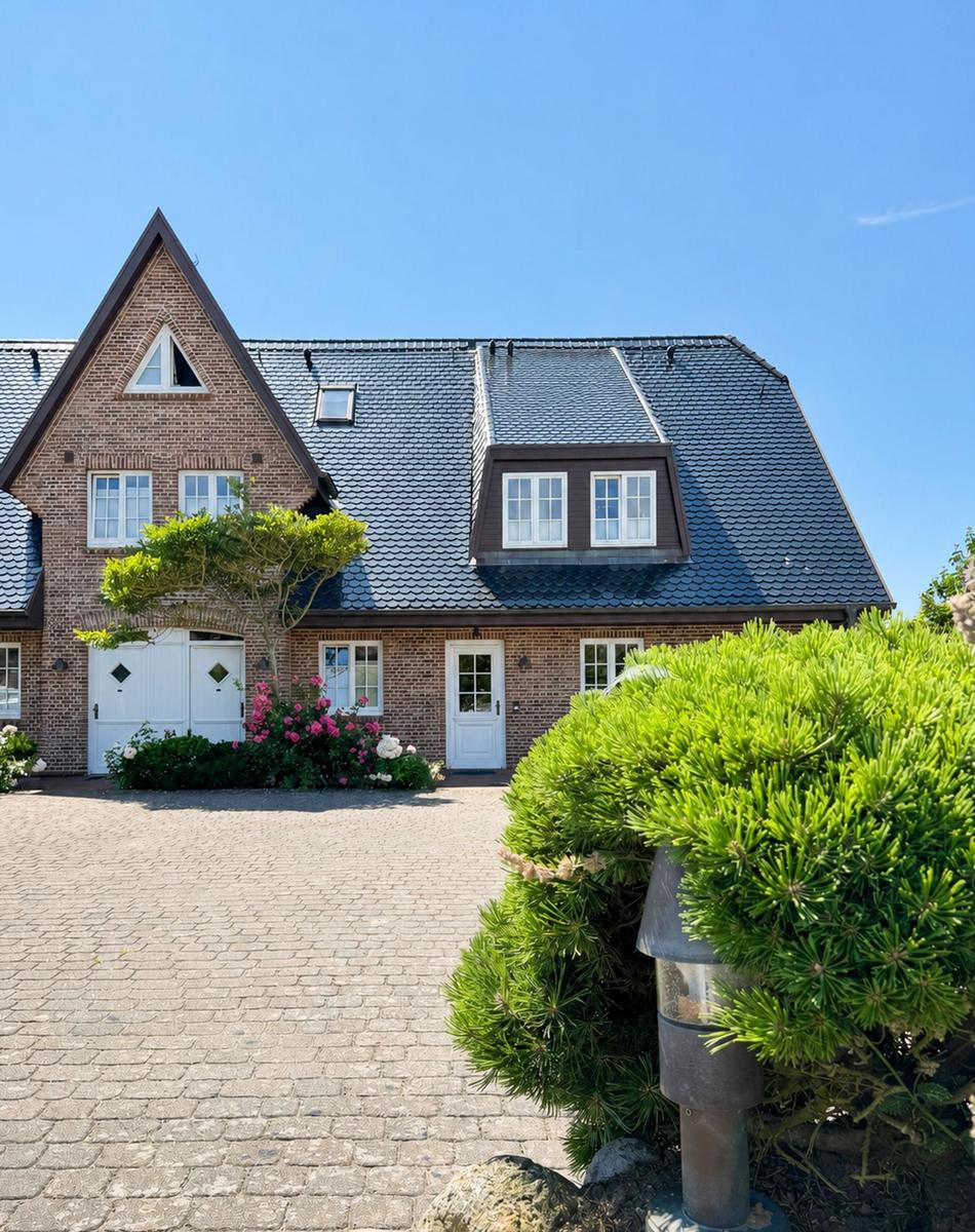 Haus mit Ziegelfassade, Dachgauben und Kiesweg. Blühende Sträucher und Bäume umgeben das Grundstück.