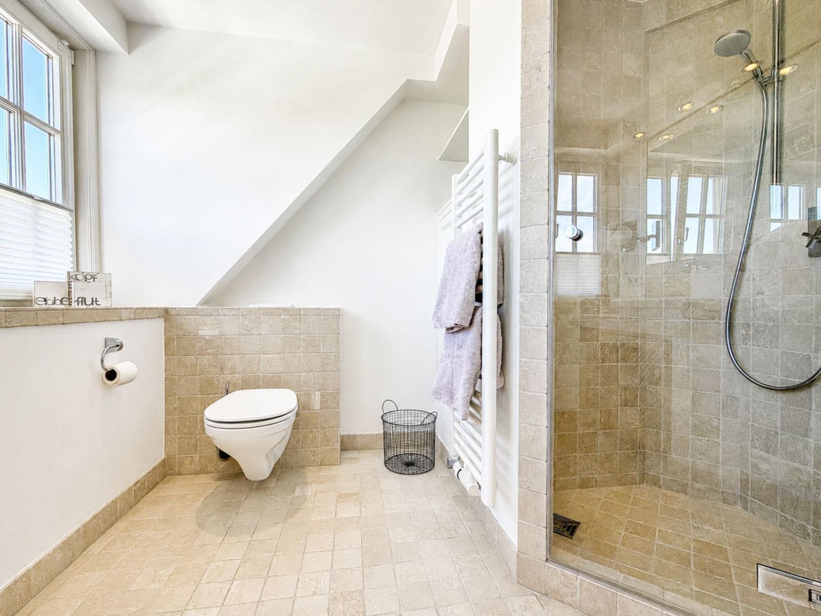 Badezimmer mit Dusche, Toilette und Fenster. Fliesen und Heizung sichtbar.