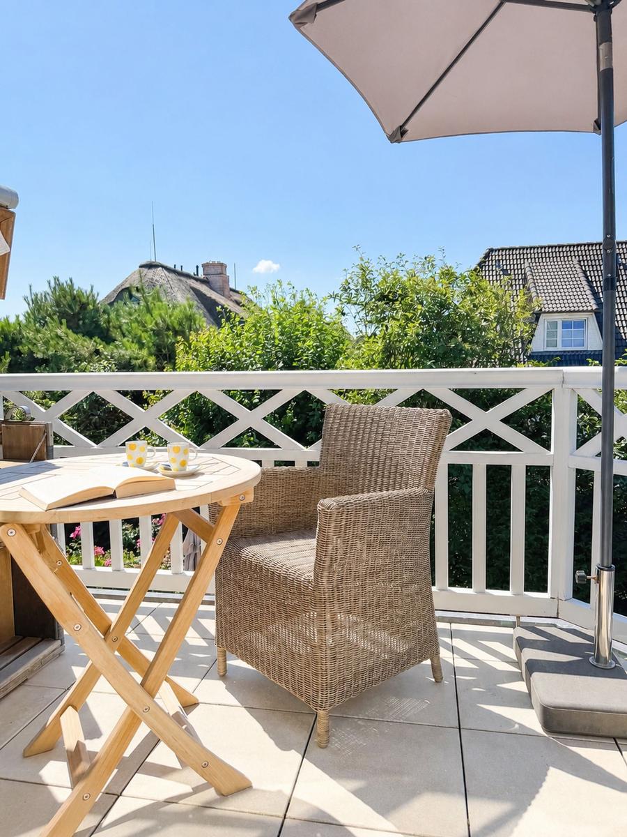 Terrasse mit Stuhl, Tisch und Sonnenschirm. Blick auf grüne Bäume und Häuser.