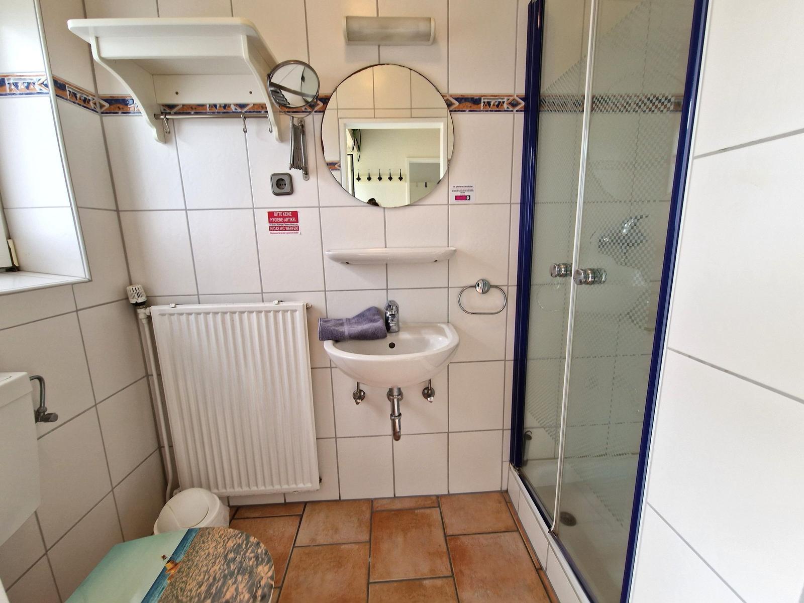 Badezimmer mit Dusche, Waschbecken und Spiegel
