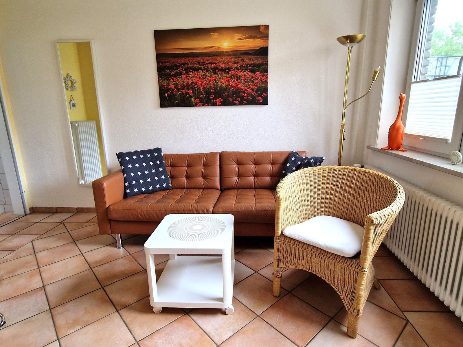 Ein Wohnzimmer mit braunem Sofa, weißem Tisch und Wickerstuhl. Wandbild zeigt Sonnenuntergang.