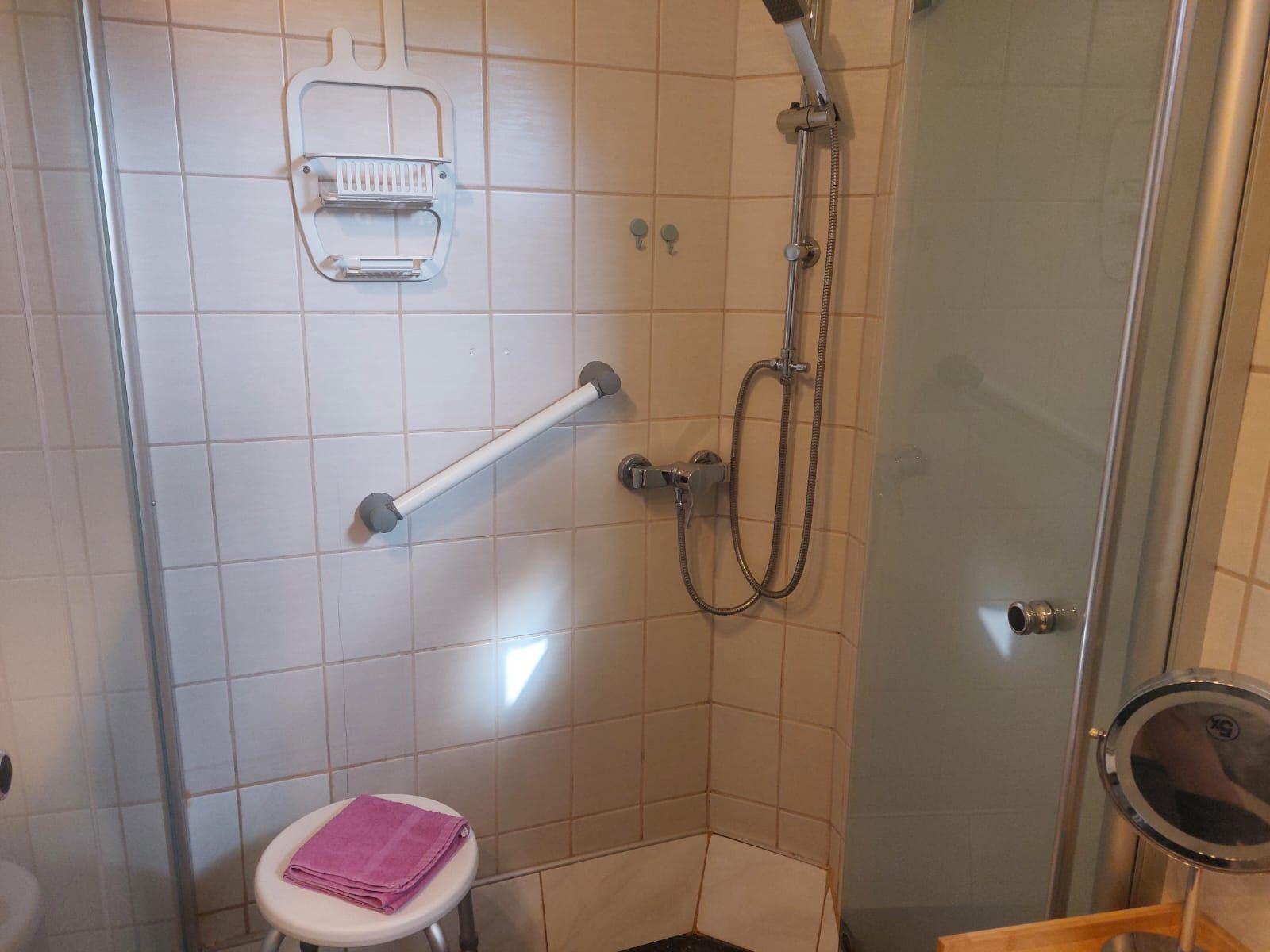 Duschbereich mit Handlauf, Duschstange und Sitzbank. Dusche mit Glaswand und Spiegel.