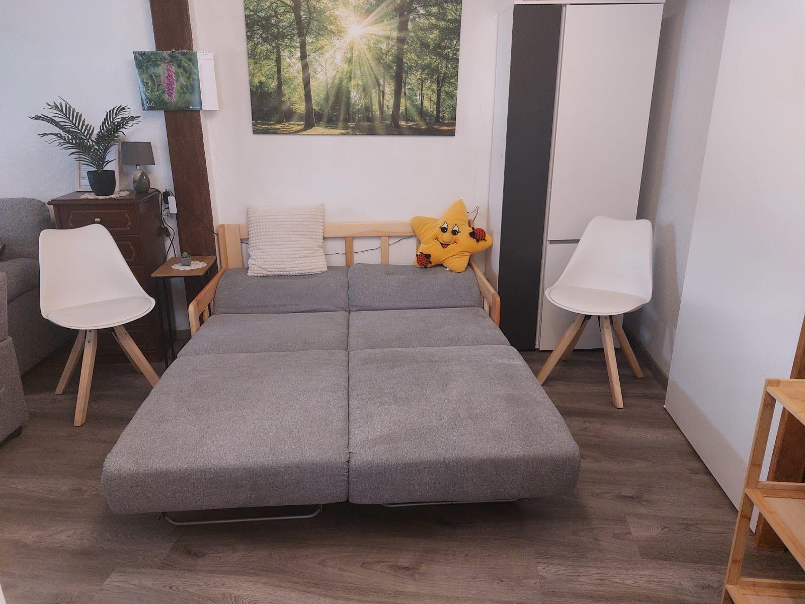 Ein grauer Schlafsofa mit Holzrahmen, zwei weiße Stühle und eine Wanddekoration.