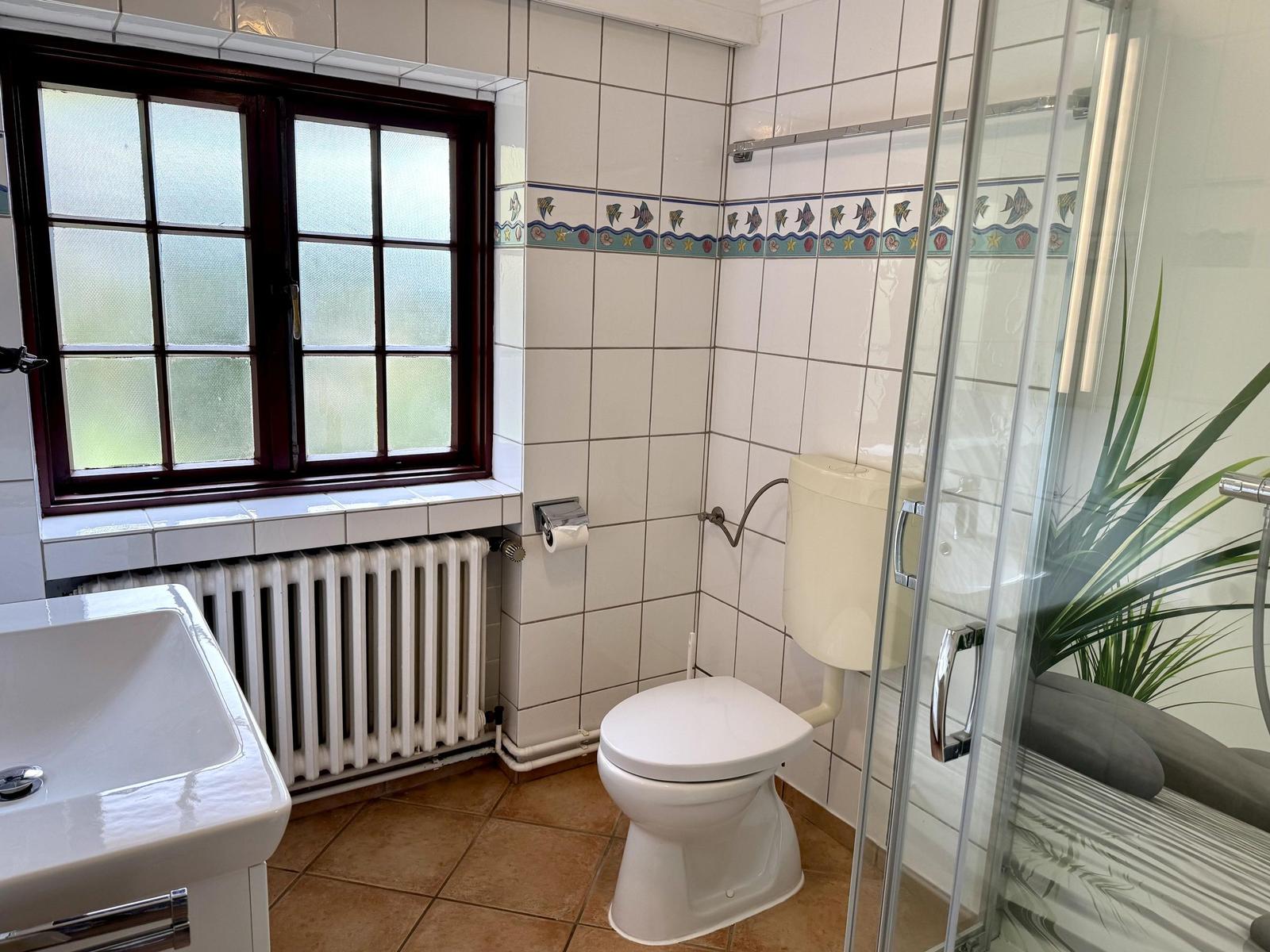 Bathroom with toilet, shower, and sink. Window with wooden frame and tiled wall.
