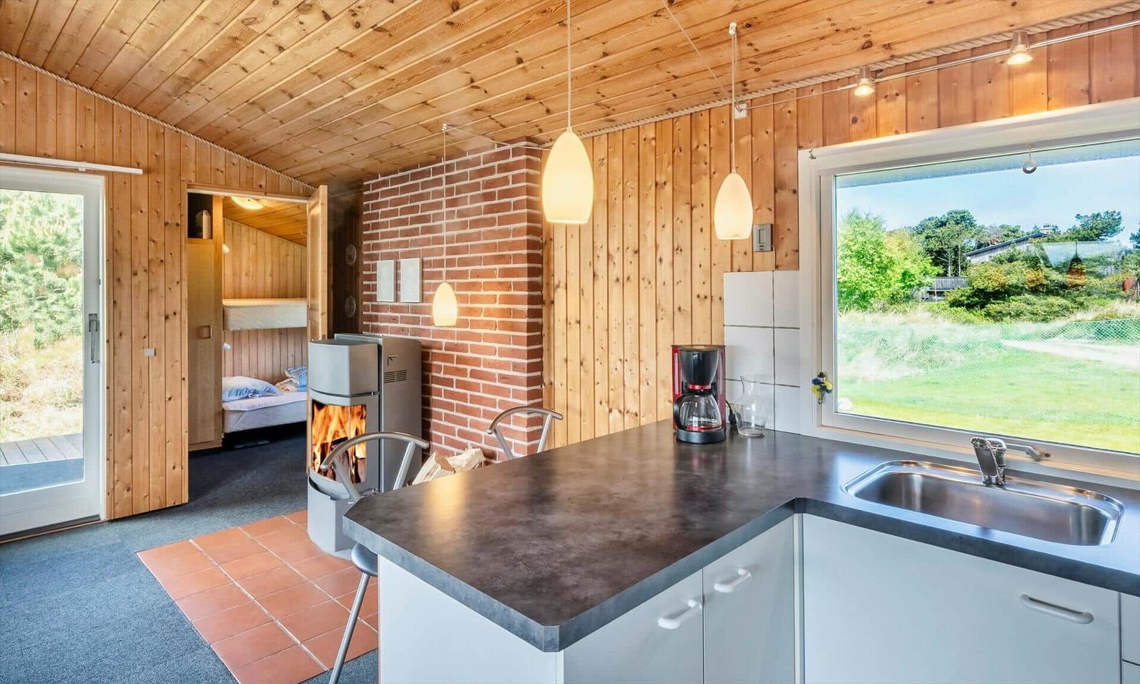 Küche mit Blick auf Grünfläche, Holzwände und Kaminofen im Hintergrund.
