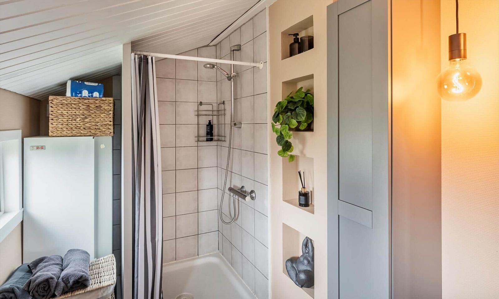 Shower with curtain, built-in shelves with plant and lamps