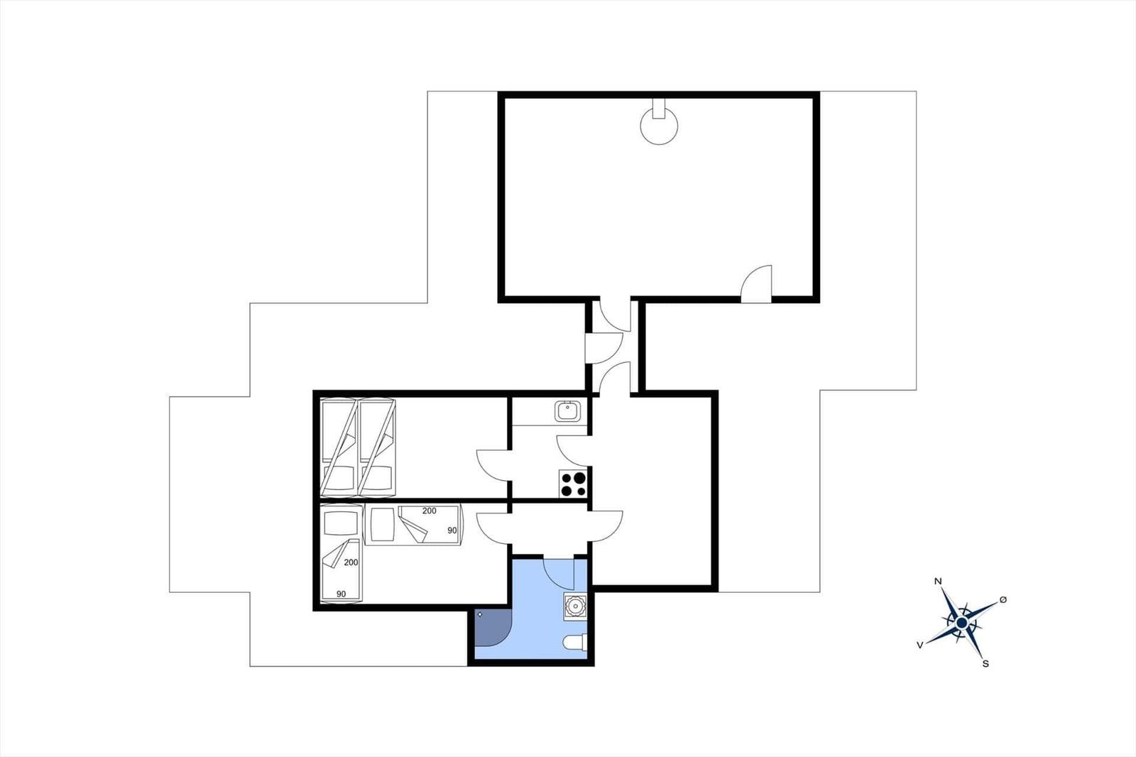 Apartment with kitchen, bathroom, bedroom, and living area with compass direction.