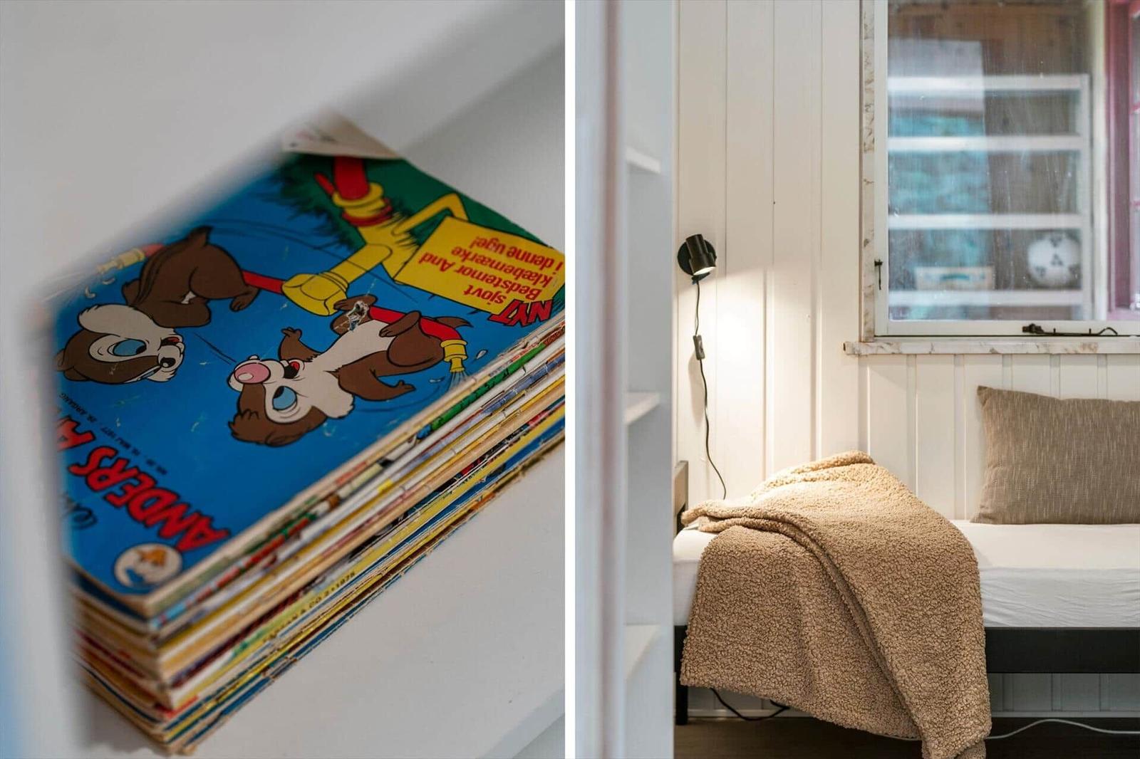 Bedroom with bed, blanket, and window. Shelf with comics.