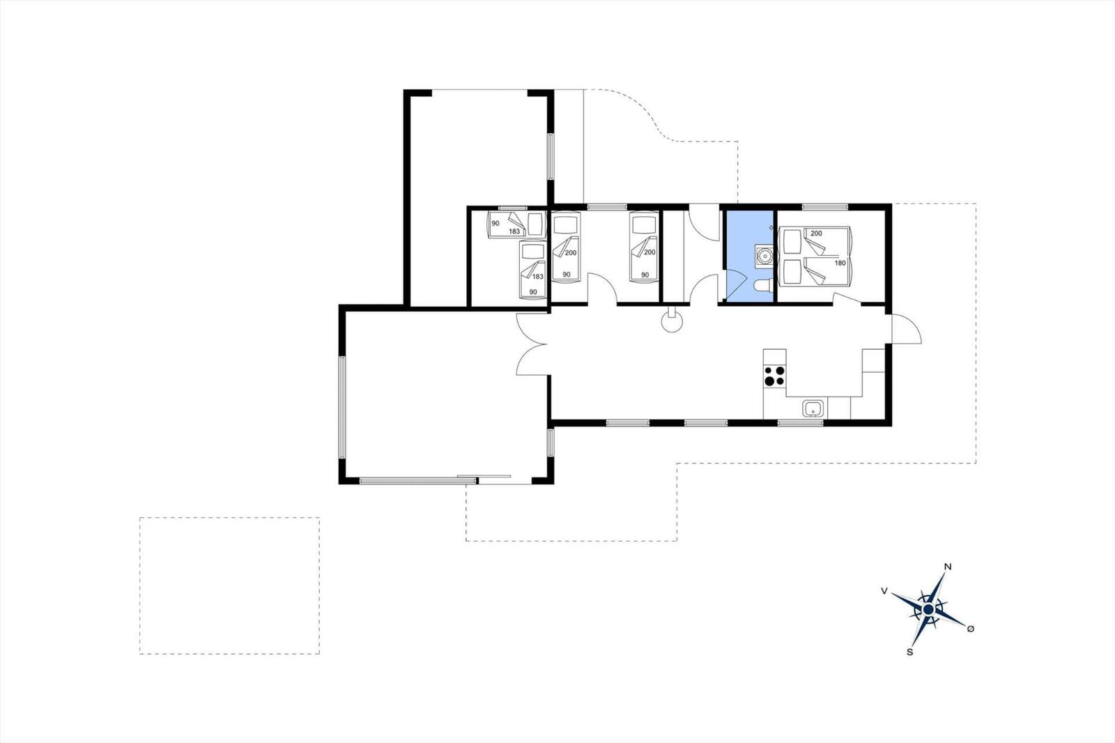 Floor plan of an apartment with three bedrooms, kitchen, and bathroom.