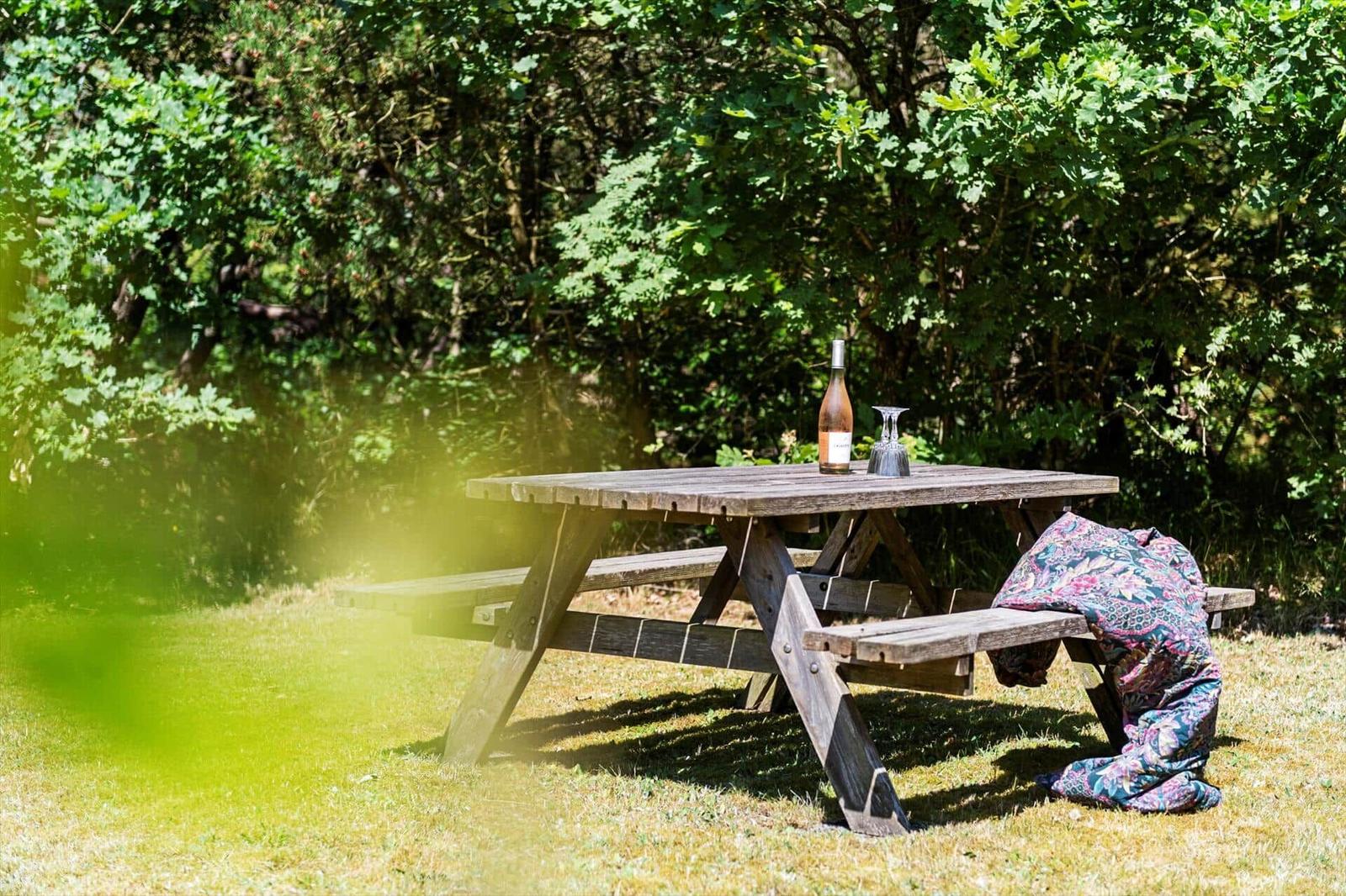 Holzpicknicktisch im Garten mit Weinflasche und Glas. Decke liegt auf einer Bank.