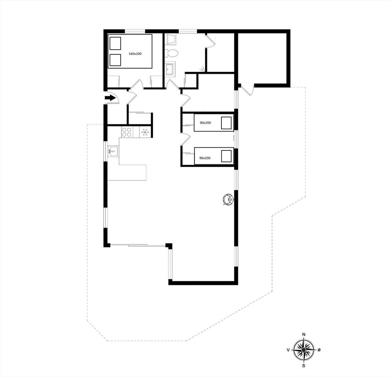 Wohnung mit drei Schlafzimmern, Küche und Bad. Flur mit Treppe.
