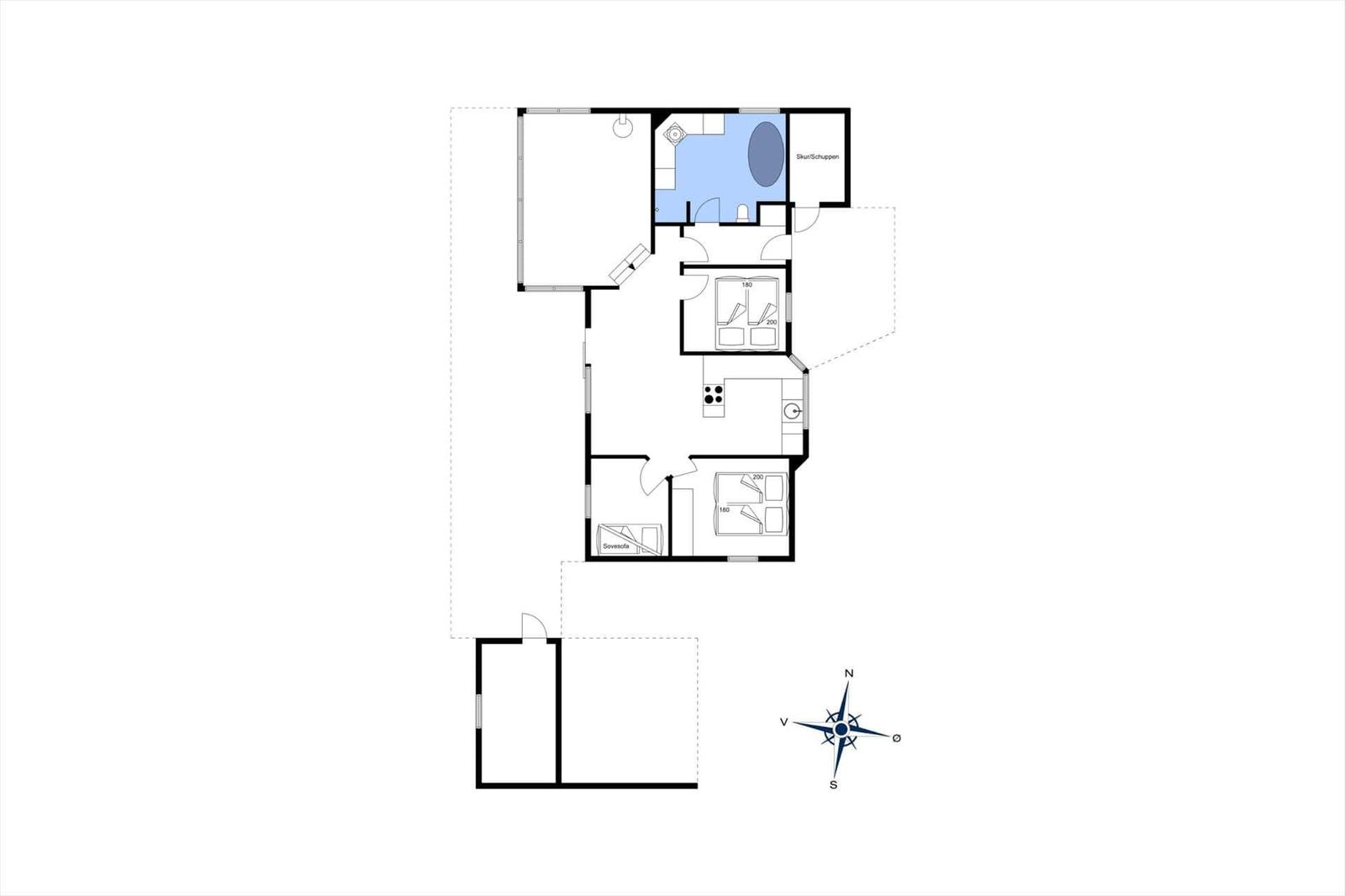 Wohnung mit Küche, Schlafzimmer, Bad und Terrasse. Skurfschuppen angezeigt.