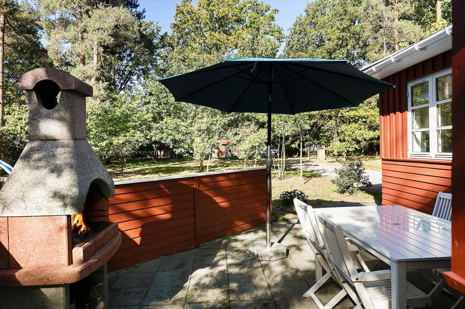 Terrace with grill, table, and umbrella beside red wooden house.