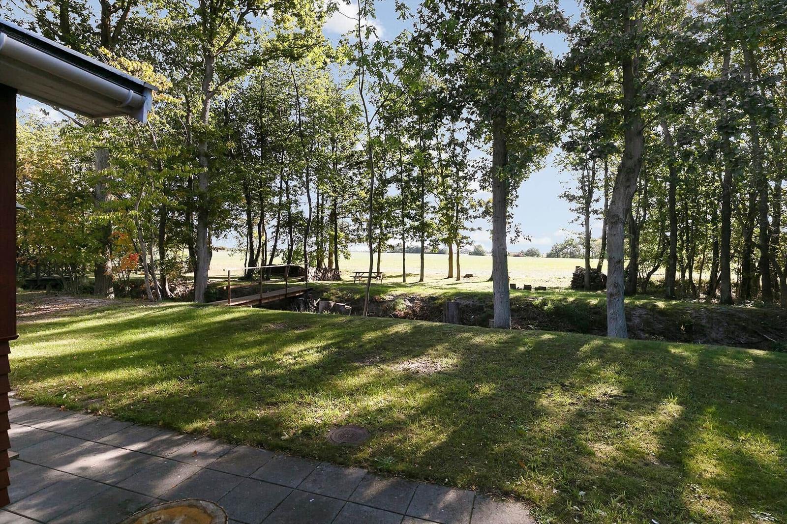 Green garden with trees and view of fields. Patio and wooden bridge visible.