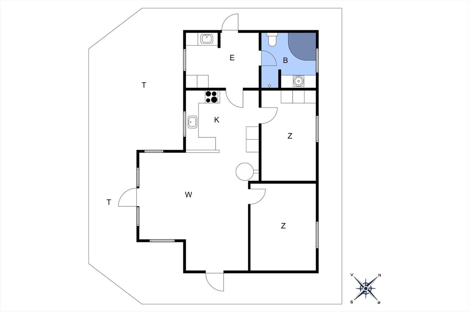 Apartment with kitchen, bathroom, two bedrooms, and living area. Compass included.