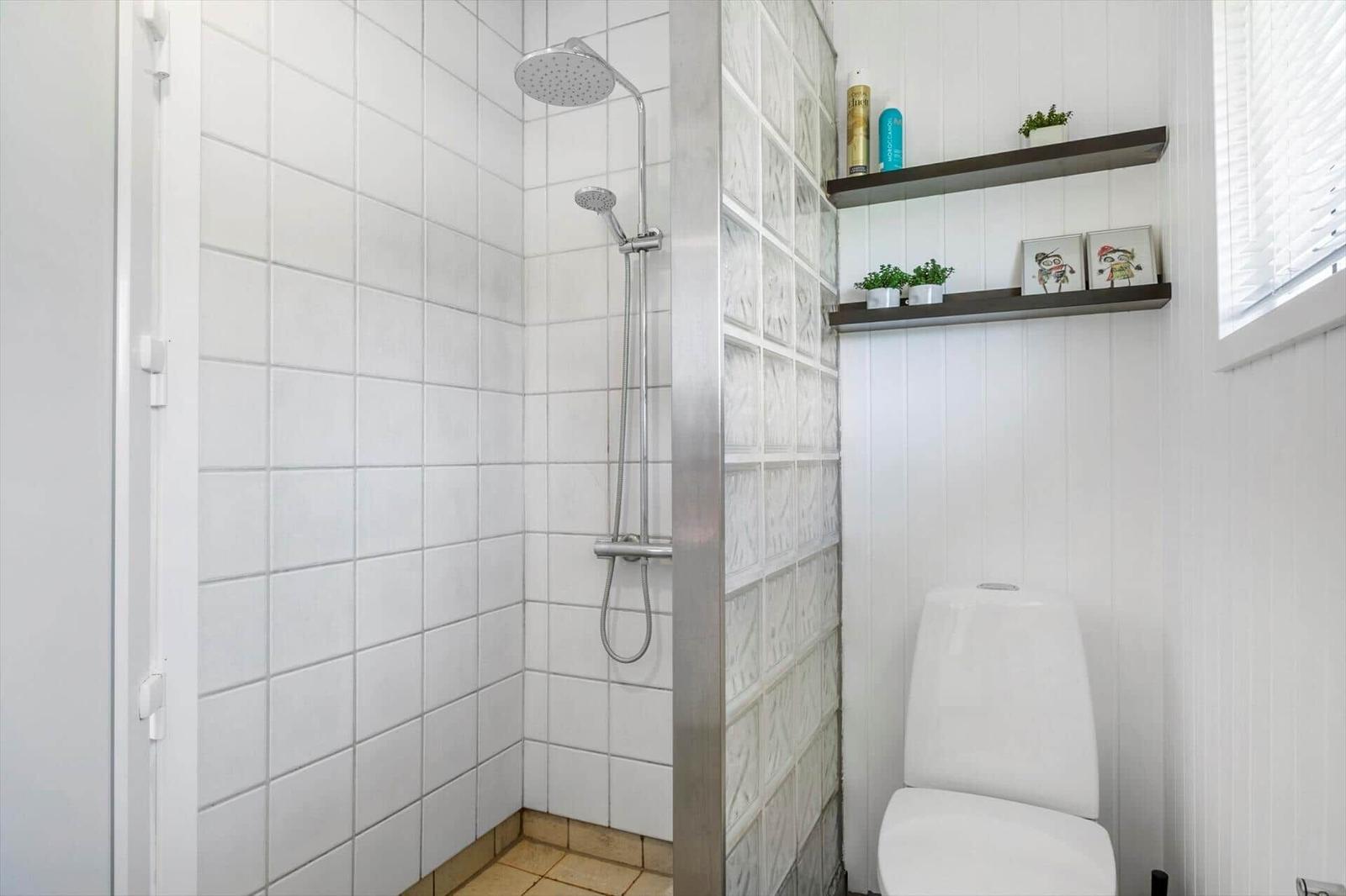 Dusche mit Duschbrause, Toilette und Regal mit Pflanzen und Bildern an der Wand.