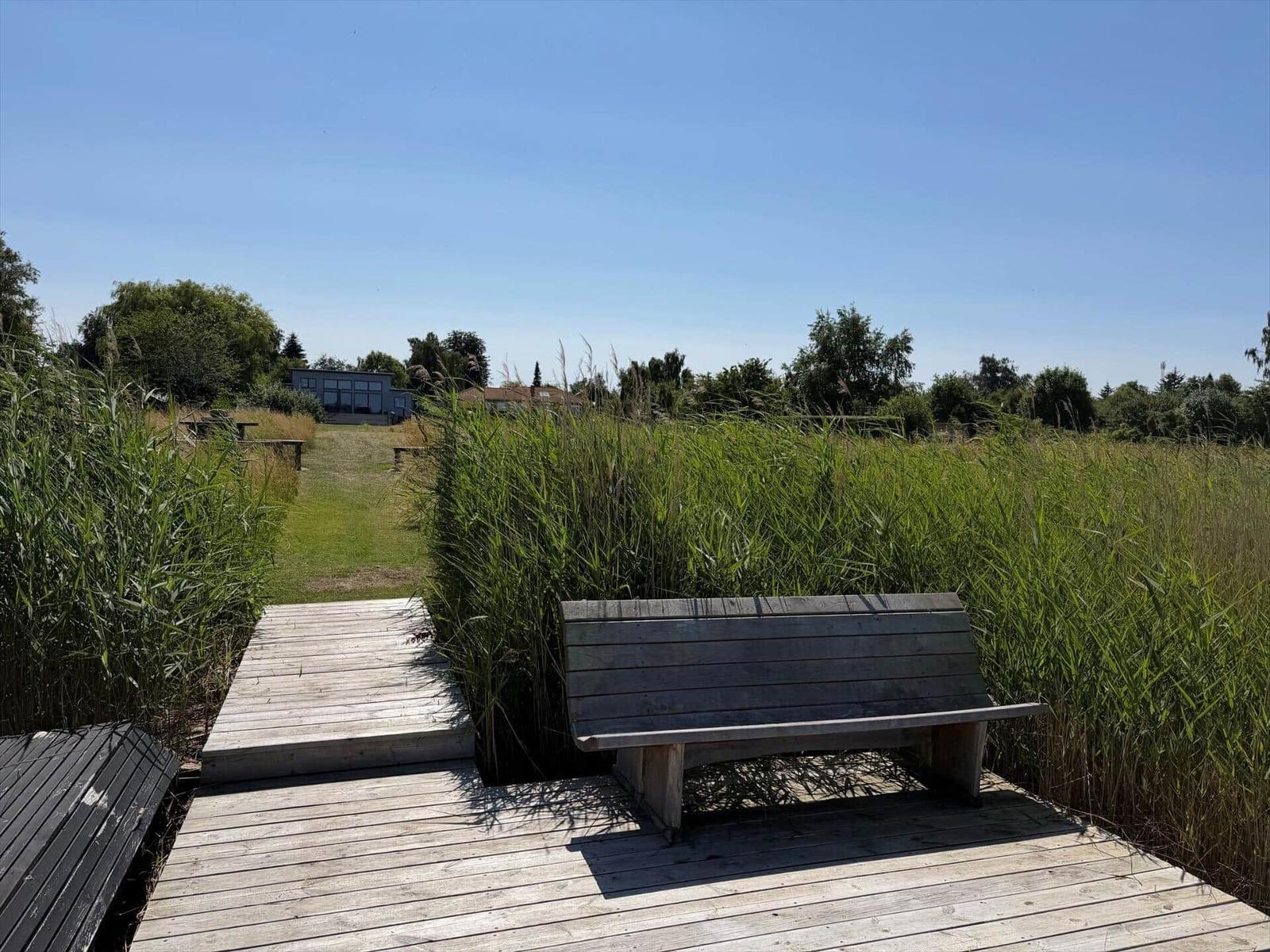 Holzbank auf hölzerner Plattform neben hohem Gras, Blick auf Ferienhaus im Hintergrund.