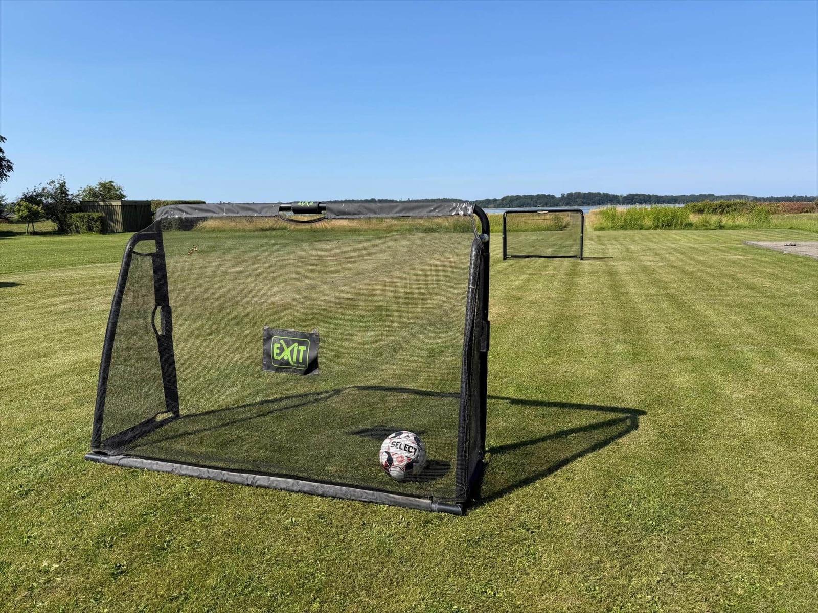 Fussballtor mit Ball auf grünem Rasen. Im Hintergrund ist ein weiteres Tor sichtbar.