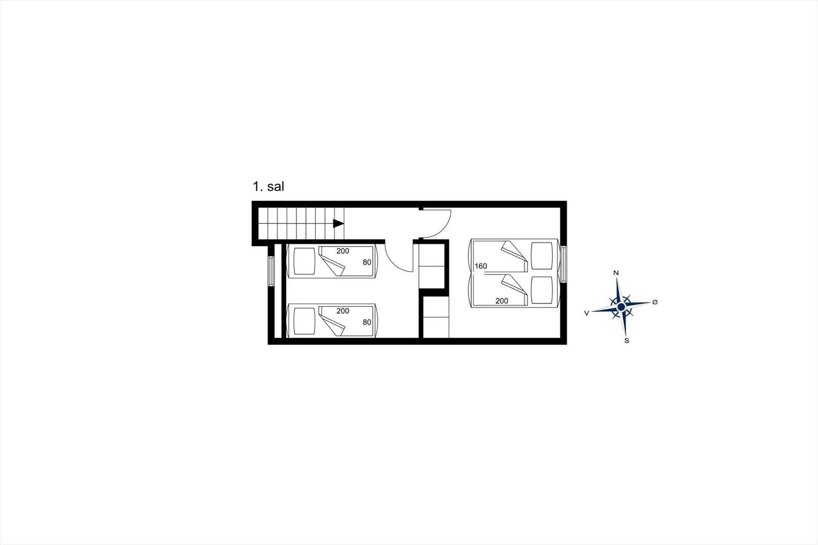 Ground floor plan with bedrooms, living area, and stairs to upper level.