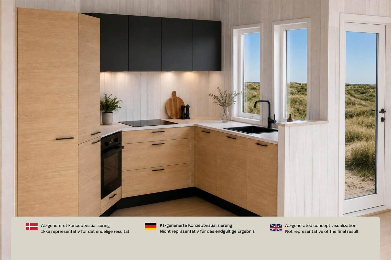 Moderne Küche mit Holzschränken, schwarzen Oberflächen und Blick auf Grasland.