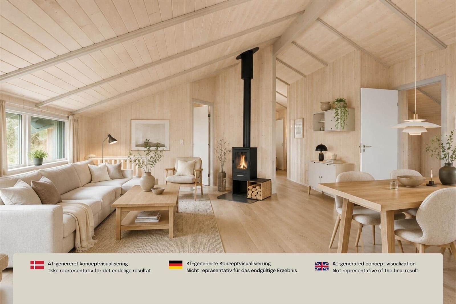 Wohn- und Essbereich mit Holzdecke, Kamin und Esszimmertisch.