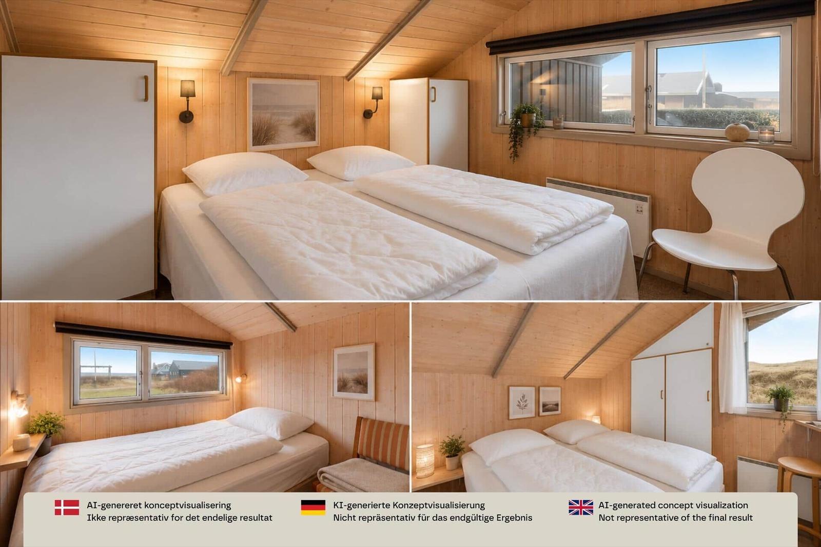 Schlafzimmer mit zwei Betten, Holzwand und Fenster. Weiße Möbel und Beleuchtung.