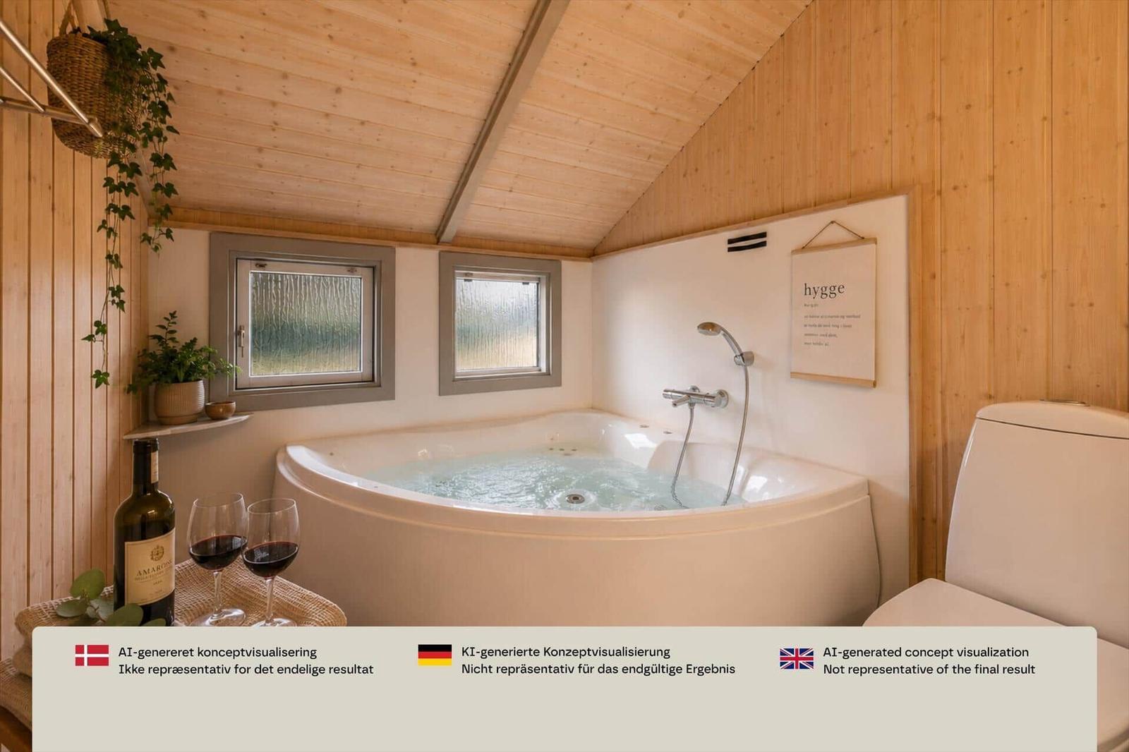 Bad mit Whirlpool, Holzwand und Fenstern, daneben Toilette und Wein.