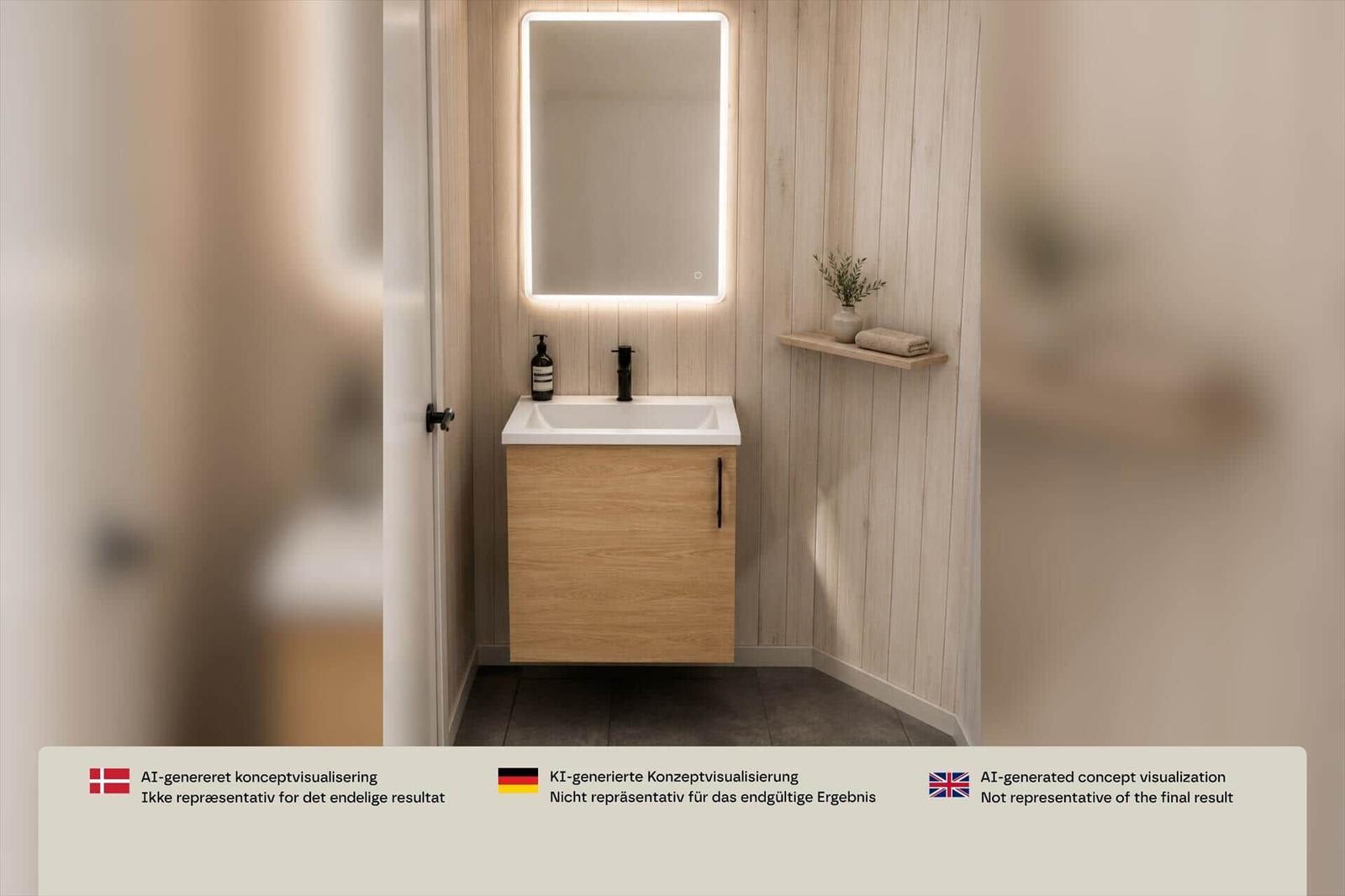 Badezimmer mit Waschbecken, beleuchtetem Spiegel und Holzwand
