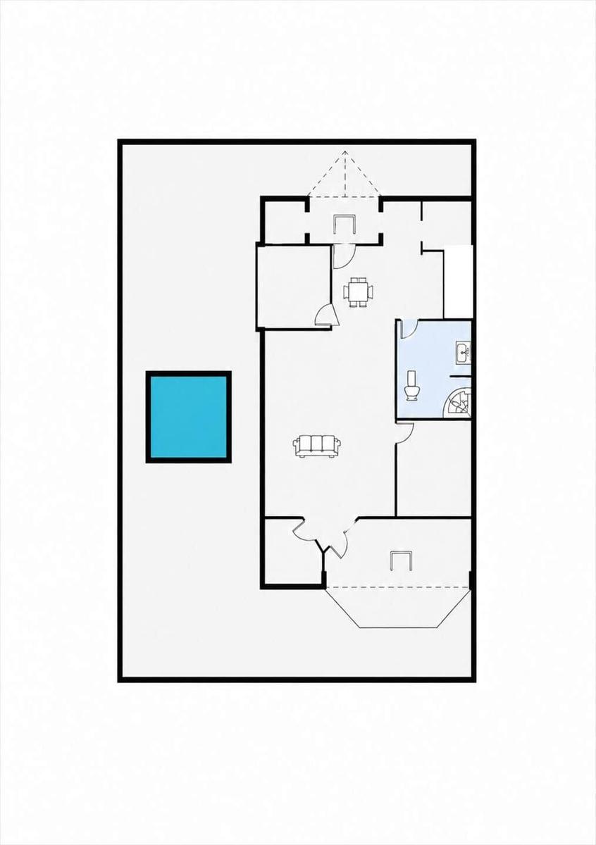 Dieses Apartment hat eine Küche, ein Wohnzimmer, ein Bad und einen Balkon.