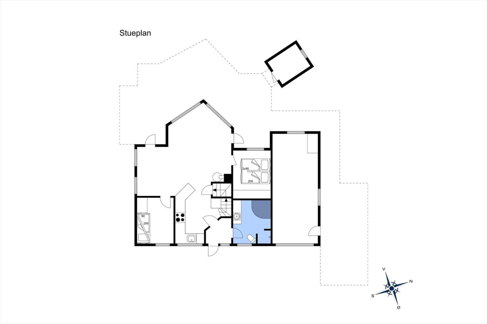 Stueplan zeigt Grundriss mit Küche, Schlafzimmer und Bad.
