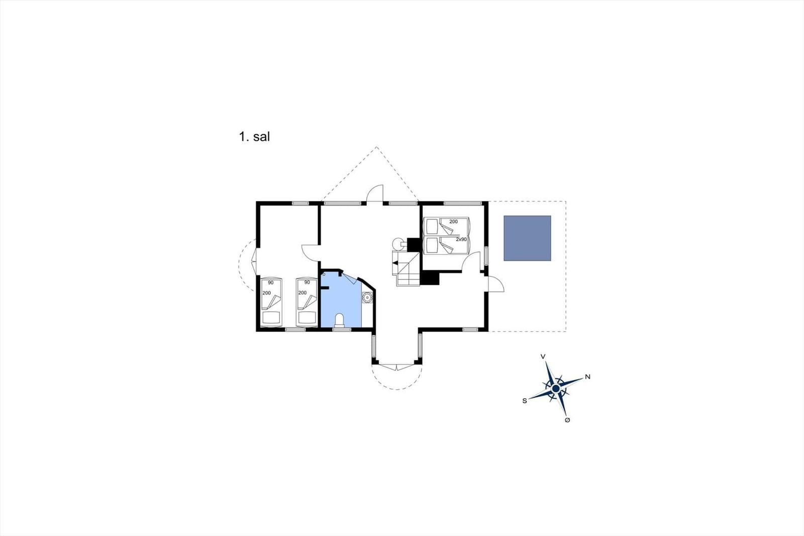 Erster Stockplan mit Schlafzimmer, Bad und Terrasse. Richtung nach Norden.