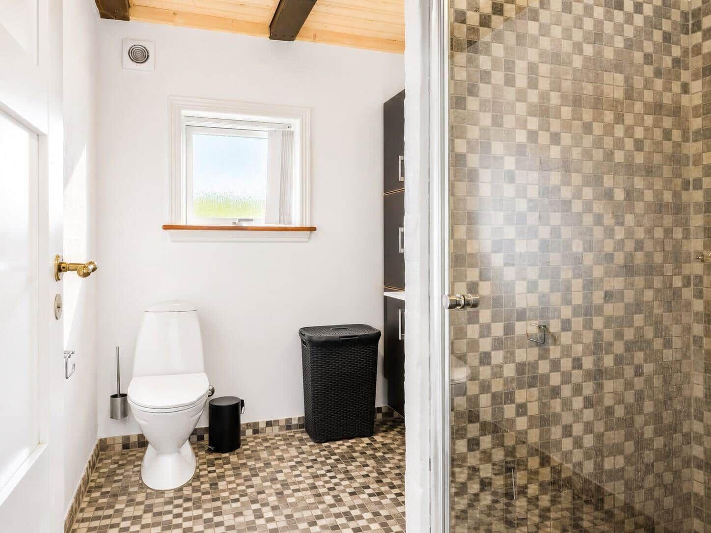 Badezimmer mit Dusche, Toilette und Fenster. Boden- und Wandfliesen in Mosaikoptik.