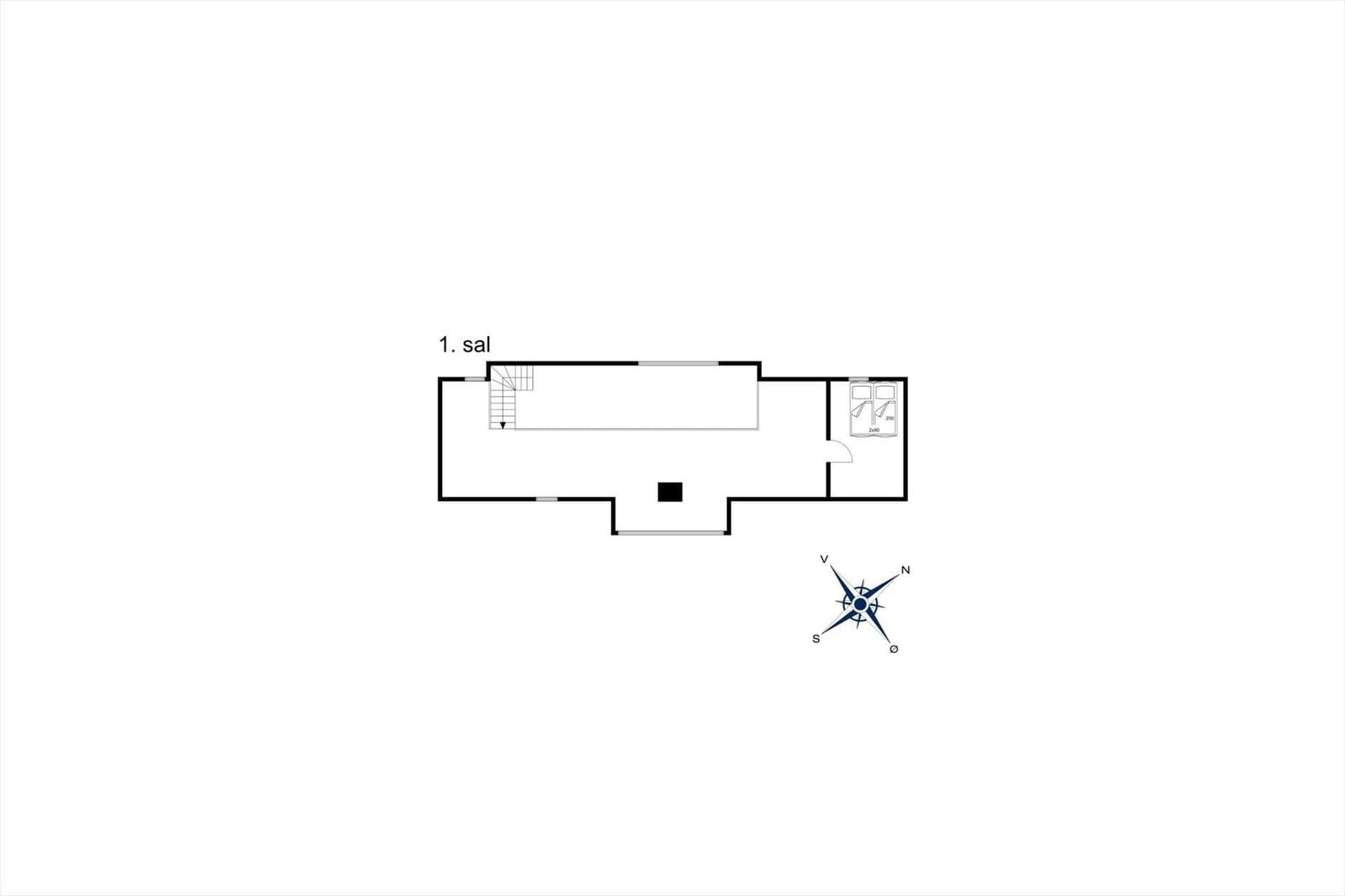 Erster Stock mit Schlafzimmer und Treppe zur Untergeschoßebene.
